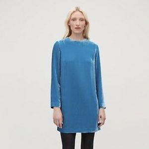 COS Blue Azure Velvet Silk Blend Shift Minimalist Dress sz 10 NWT